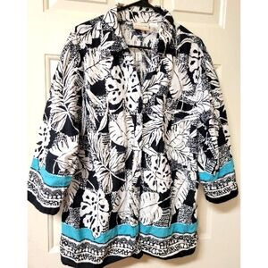 Alfred Dunner Women's 24 3X Shirt Blouse Top Tropical Leaf Black White Turquoise